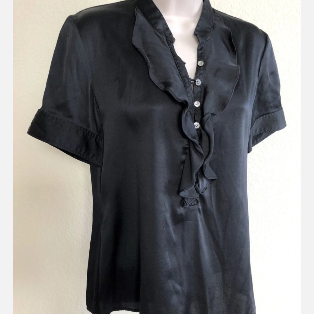 THEORY Silk Short Sleeve Blouse Black Ruffle neck M